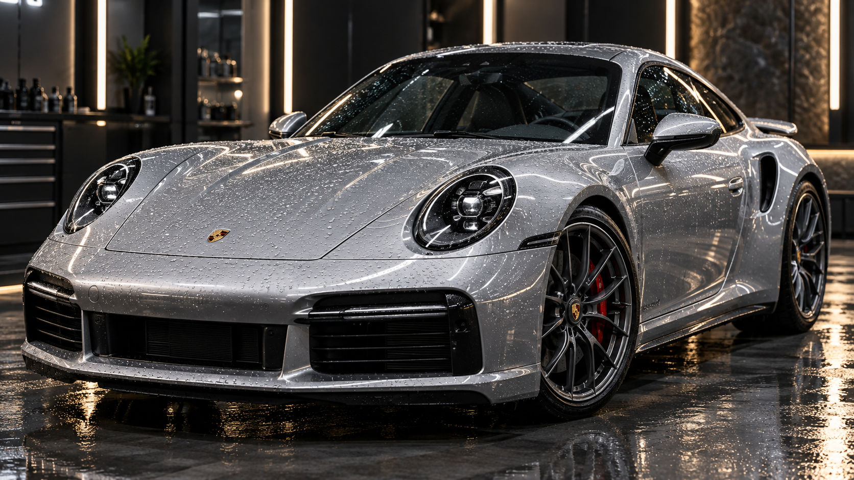 Silver Porsche 911 with water beading after ceramic coating treatment